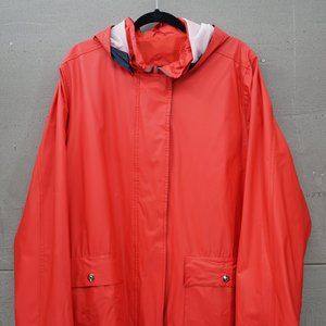 Outbrook Woman 1X Red Rain Jacket Slicker With Hood Navy Trim